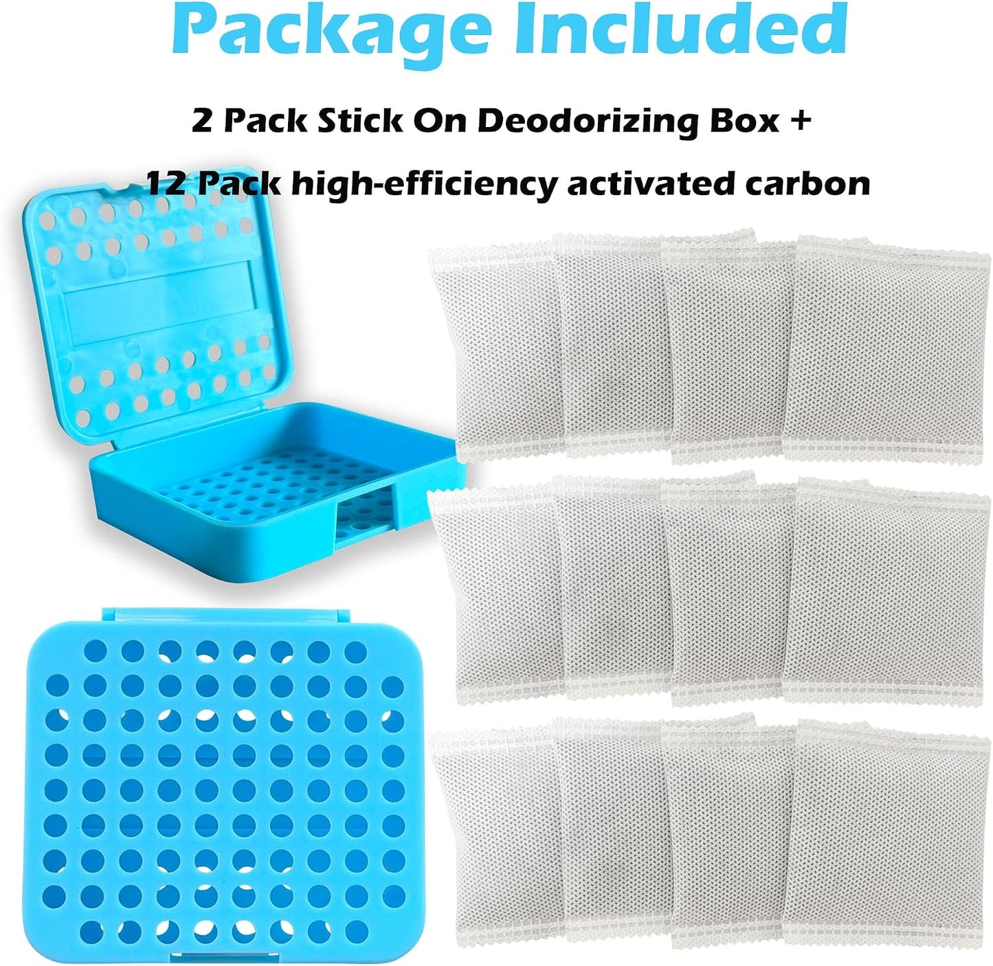 2 Pack Stick On Deodorizing Box, 12 Pack Odor Removing Refills for Trash Can, Activated Charcoal Odor Eliminator for Indoor Kitchen Trash/Diaper Pails/Wardrobe/Shoe Cabinet (Black)