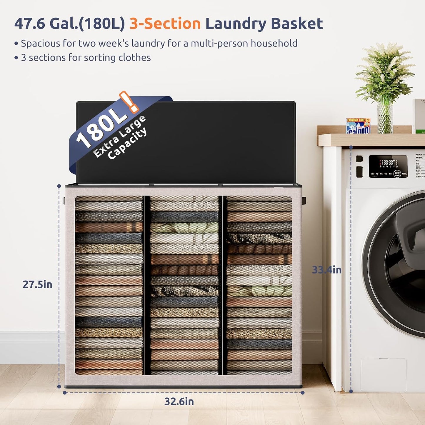 SOLEDI 180L Laundry Hamper 3 Section, Extra Large Laundry Hamper with Lid, Dirty Clothes Hamper with Sturdy Handle, Large Laundry Basket Organizer for Laundry Room, Bedroom, Hampers for Laundry