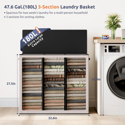 SOLEDI 180L Laundry Hamper 3 Section, Extra Large Laundry Hamper with Lid, Dirty Clothes Hamper with Sturdy Handle, Large Laundry Basket Organizer for Laundry Room, Bedroom, Hampers for Laundry
