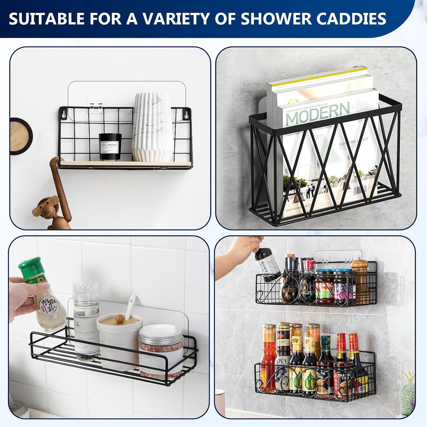 14 Pack Heavy Duty Shower Caddy Adhesive Replacement, 55 LB Hold | Up to 55 LB hold; Waterproof Shower Shelf Adhesive in 3 Hook Styles for Caddies, Shelves, Soap Holders and Racks.