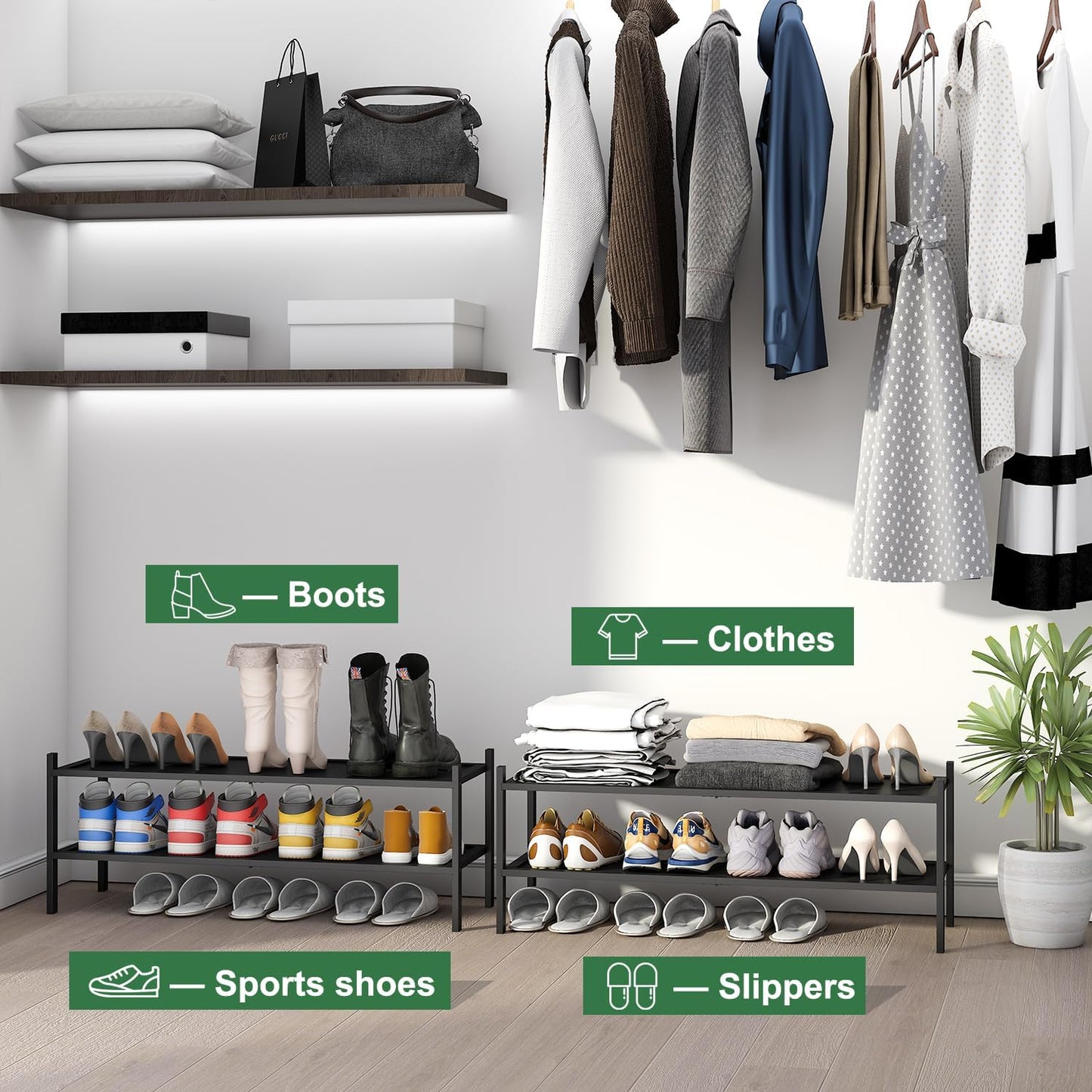 kiplant Small Shoe Rack, 4-Tier Bamboo Wood Shoe Rack for Entryway, Stackable Shoe Organizer for Hallway Closet, Free Standing Shoe Racks for Indoor & Outdoor