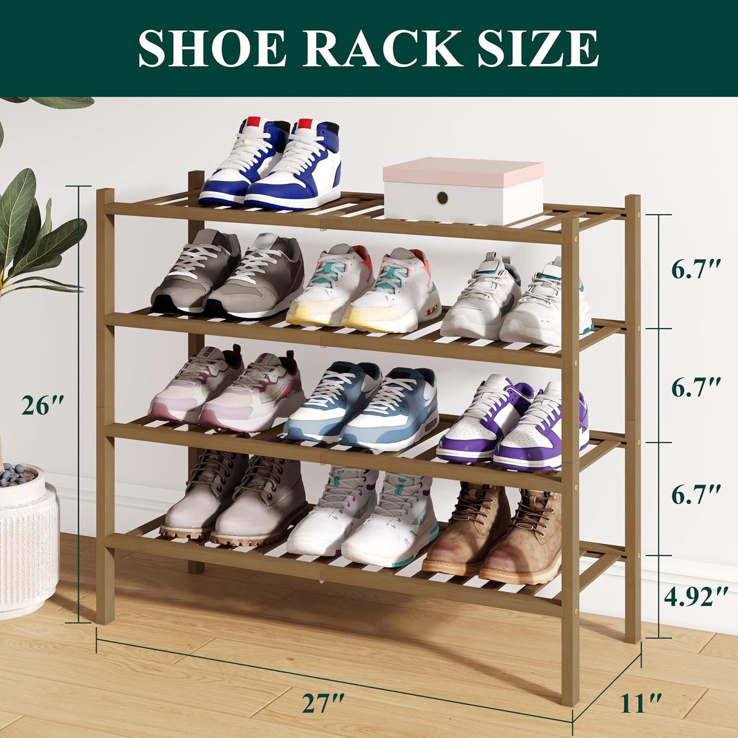 Smiry Bamboo Shoe Rack for Closet, 3 Tier Wooden Shoe Organizer, Stackable Wood Shoe Storage Shelf for Entryway, 14 Vertical Slats, One-piece Heavy-Duty Legs, 26.77"x11.02"x18.31", Natural
