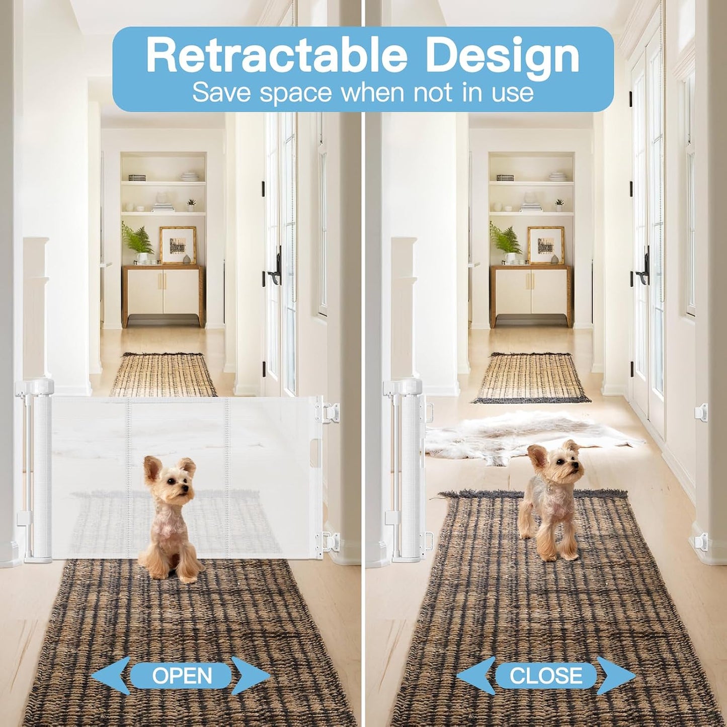 Short Dog Gate 0"-39" Wide Narrow Baby Gate 24” Tall Retractable Short Pet Gate to Step Over Short Baby Gate for Doorway, Low Pet Gate Indoor Doggie Gates Mesh Puppy Gate for Stairs, Black
