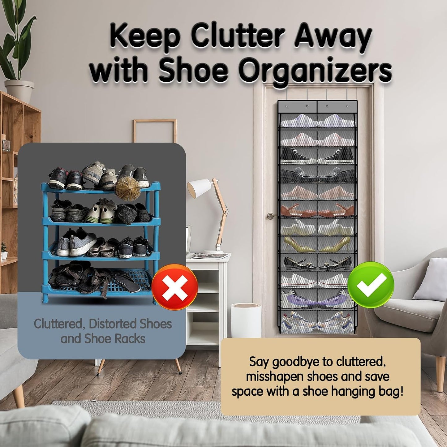Kotkn Over The Door Shoe Organizer with 12 Large Breathable Pockets - Durable Hanging Storage for the Entire Family's Shoes (White)