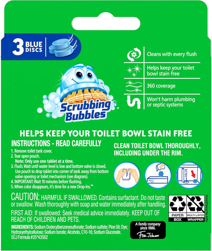 Scrubbing Bubbles Continuous Clean Toilet Drop-Ins, Automatic Blue Toilet Bowl Cleaner, Septic-Safe Tank Tablets Remove Hard Water Minerals & Limescale, Stain & Smell Protection, 3 Count (Pack of 1)