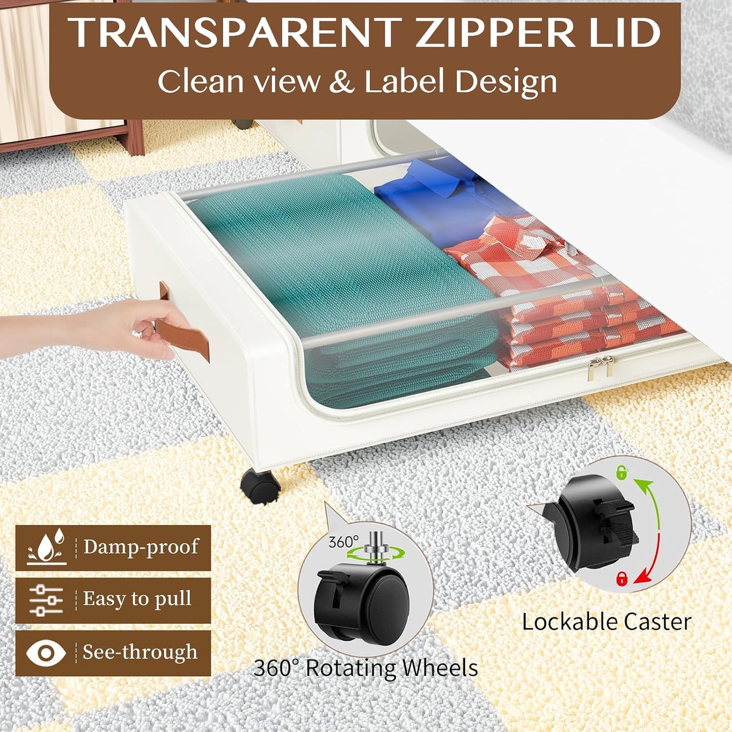 Under Bed Storage with Wheels, UnderBed Storage Containers with Clear Lid and Handles, XXL 60L Under the Bed Storage Bins Drawers for Clothes,Blankets,Shoes,Books (BLACK, 2 PACK)