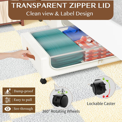 Under Bed Storage with Wheels, UnderBed Storage Containers with Clear Lid and Handles, XXL 60L Under the Bed Storage Bins Drawers for Clothes,Blankets,Shoes,Books (BLACK, 2 PACK)