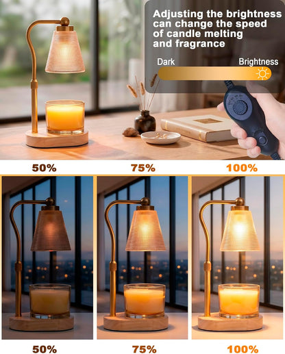 Candle Warmer Lamp with Timer - Adjustable Height & Brightness - Wood Base Glass Shade - 2 Bulbs Included(Square Gold)