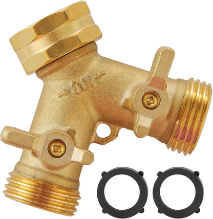 Garden Hose Splitter 2 Way Heavy Duty, Outdoor Faucet Splitter 2 Way, Solid Brass Spigot Splitter Hose Y Splitter with Shutoff Valve