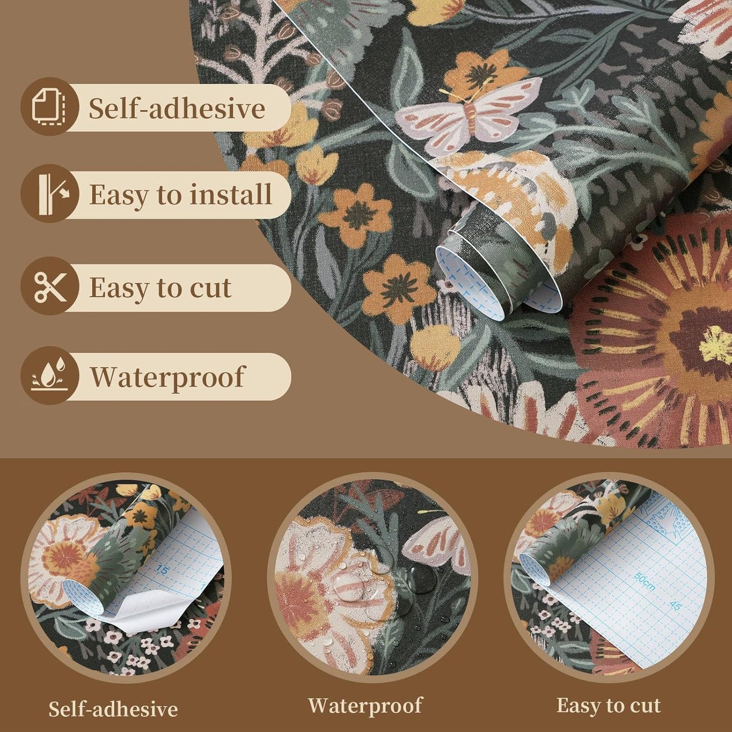 Dimoon 17.3''x78.7'' Peel and Stick Wallpaper Floral Cute Contact Paper Vintage Village Country Cottage Wallpaper Farmhouse Yellow Beige Renter Friendly Geometry Waterproof Embossed Kitchen Bedroom