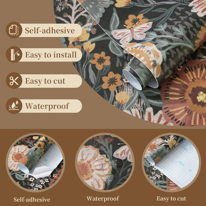 Dimoon 17.3''x78.7'' Peel and Stick Wallpaper Floral Cute Contact Paper Vintage Village Country Cottage Wallpaper Farmhouse Yellow Beige Renter Friendly Geometry Waterproof Embossed Kitchen Bedroom