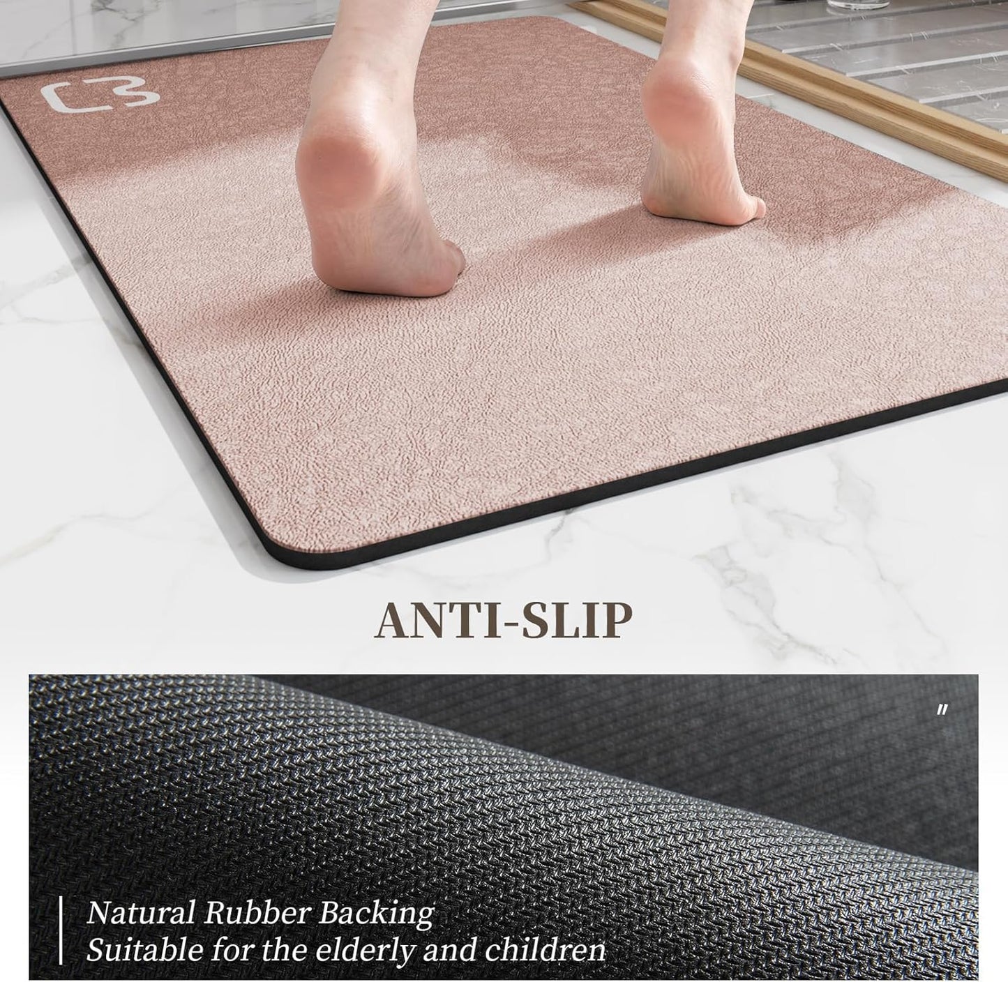 Diatomaceous Earth Bath Mat Rugs Super Absorbent Diatomite Stone Bath Mat Non Slip Quick Dry Thin Bathroom Mat Fit Under Door, Floor Rugs in Front of Bathtub, Shower Room, Sink,15.7"x23.6", Grey
