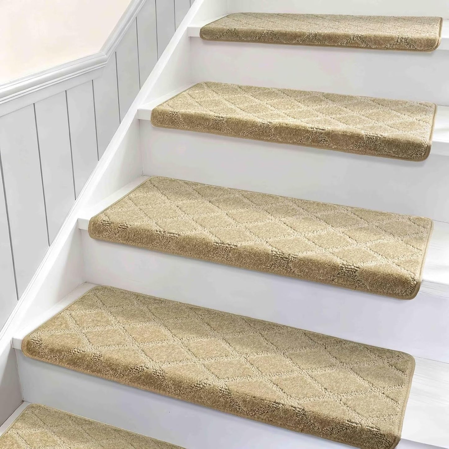 DEXDE Bullnose Stair Treads for Wooden Steps Non-Slip Stair Runner, 14 Pcs | Reusable bullnose carpet Stair Treads Indoor, Peel and Stick Stair Rugs with Edge Protection, Soft Washable, 30"x9.5" Grey