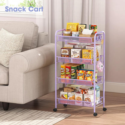 TOOLF 3-Tier Metal Rolling Cart, Mesh Wire Easy Assemble Utility Cart, Storage Trolley on Wheels with 3 Hooks, MetalStorage Shelving Units for Kitchen Bathroom Laundry Room