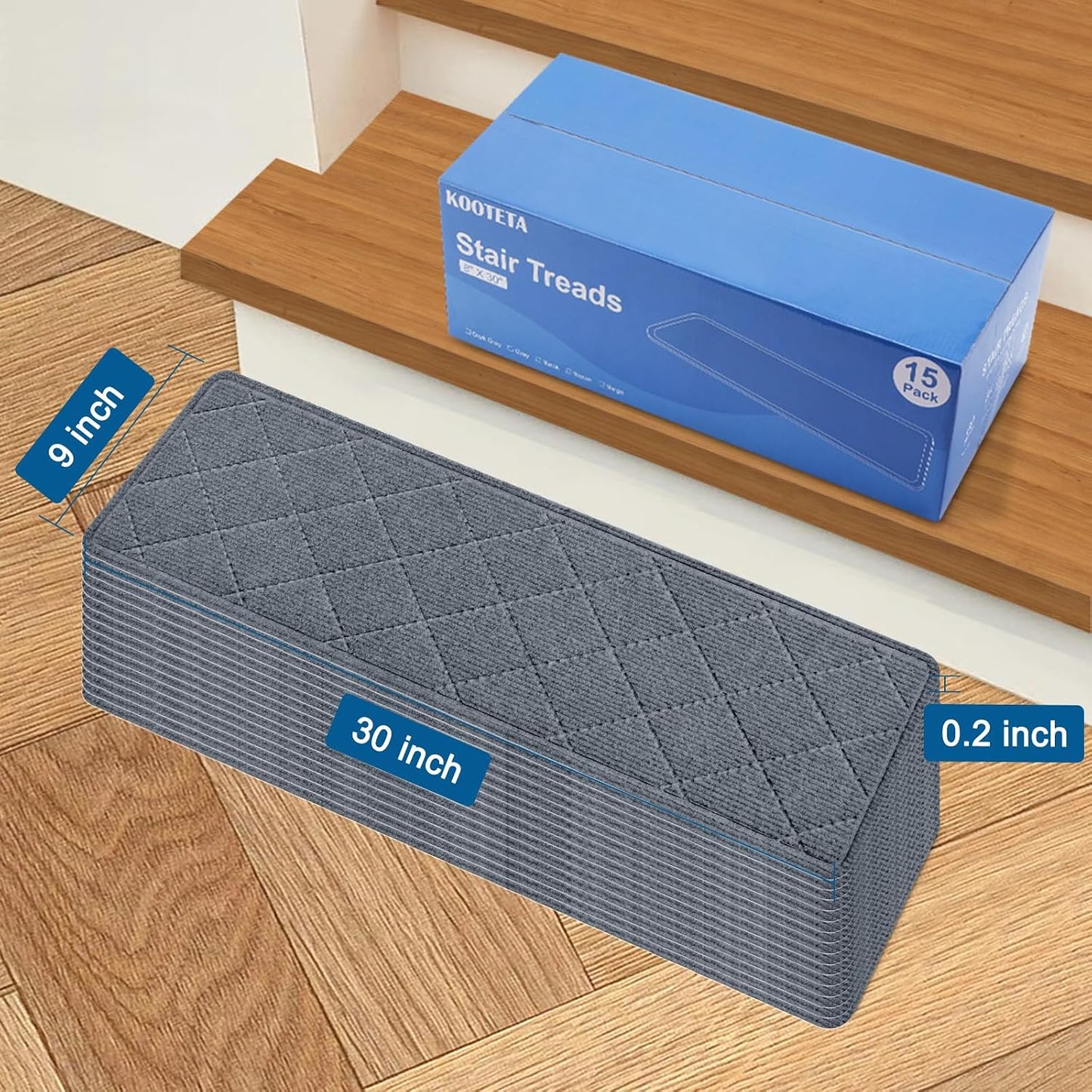 KOOTETA Stair Treads for Wooden Steps Indoor, 15 Pack 8" X 30" Non Slip Carpet Stair Treads with Reusable Adhesive for Kids Elders and Dogs, Surface Polyester TPR Backing Stair Runner Rugs, Dark Grey