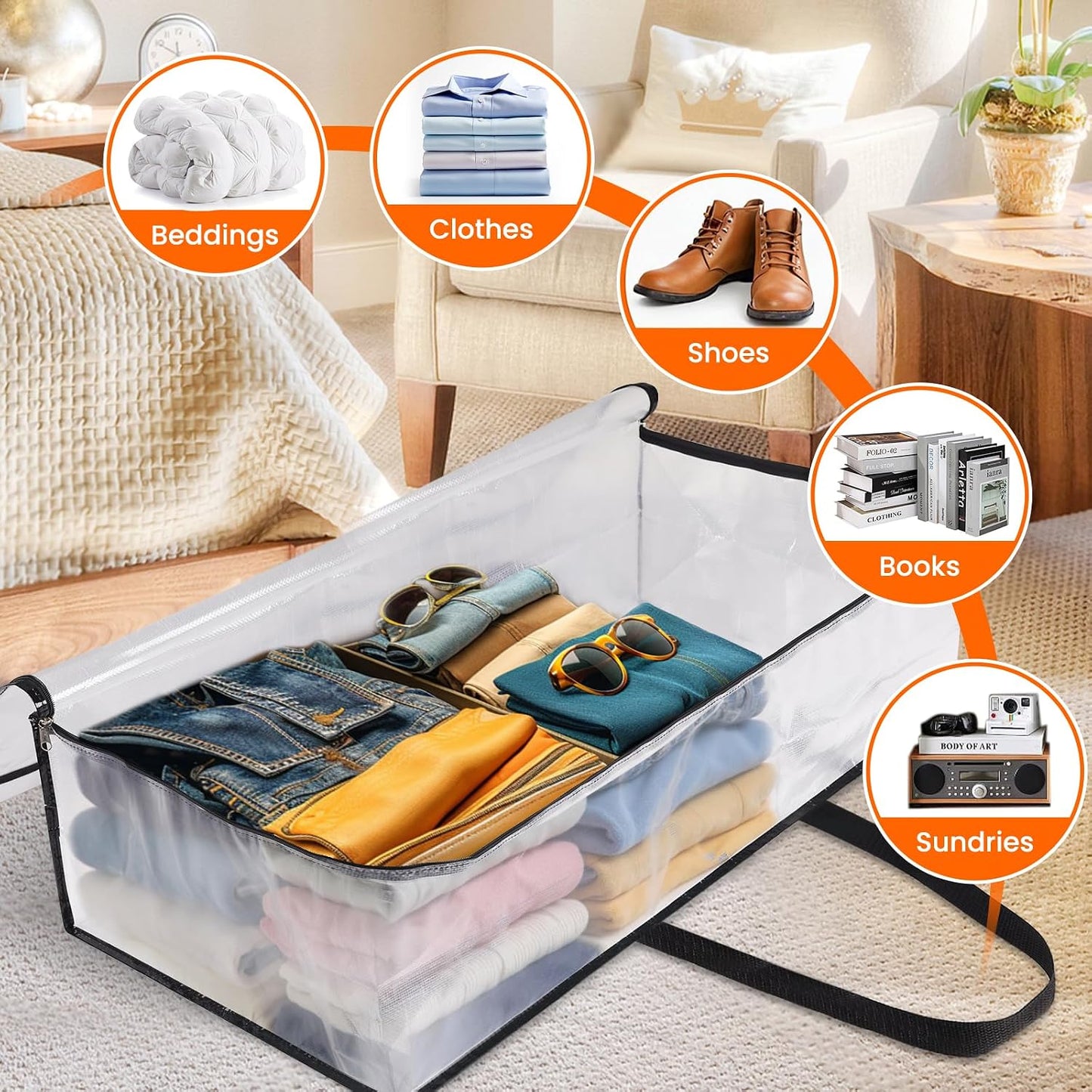 TasticTotes 6 Pack Clear Storage Bags for Comforter, Clothes & Bedding, Plastic Blanket Storage with Zipper and Handle, Moving Bags, Closet Organizer and Under-Bed Storage (40L)