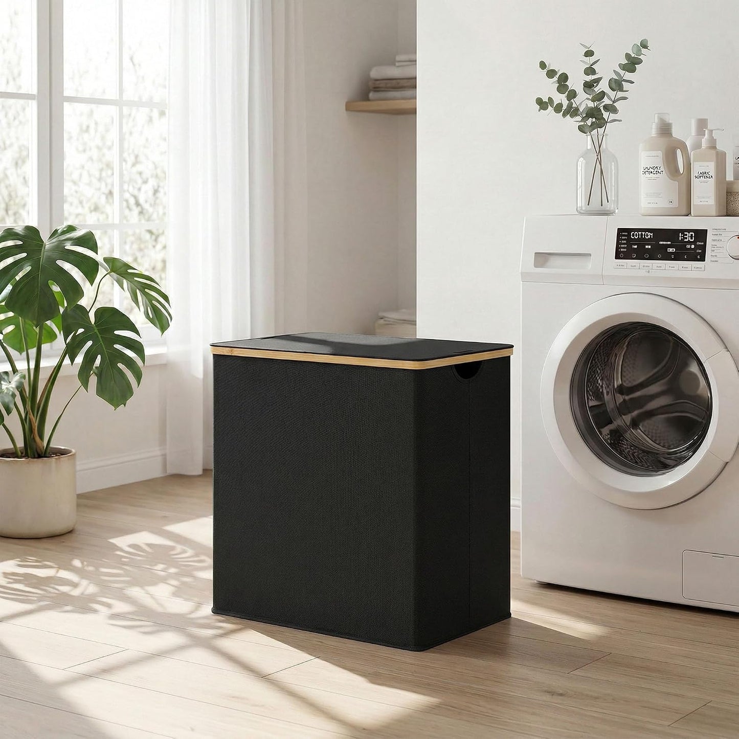 efluky Laundry Hamper with Lid, Trio Laundry Basket with 2 Removable Bags, 3 Section Laundry Bin with Bamboo Handles for Bathroom, Bedroom & Laundry Room, 160L (42.3 Gallon) Beige