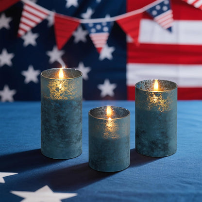 Blue Flameless Candles with Remote, Real Wax Glass Battery Operated Candles with Timer, LED Pillar Candle for Bedroom Home Wedding Birthday Party Fall Halloween Christmas Decorations, Set of 3