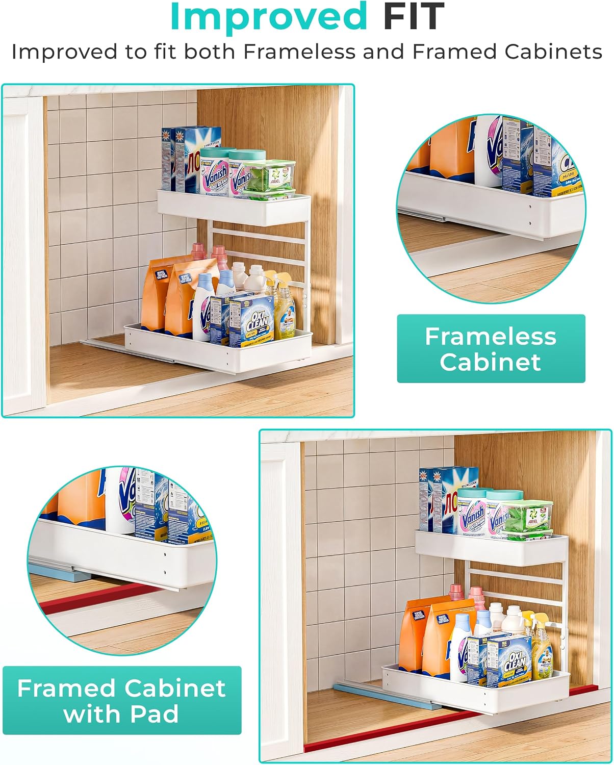 EVERIE Height Adjustable 2 Tier Metal Pull Out Slide Shelf Organizer for Under Sink Cabinets in Kitchen, Bathroom, with Snap-on Top Tray, 16" Deep (Black, 2 Sets) | Pull Out