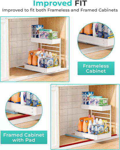 EVERIE Height Adjustable 2 Tier Metal Pull Out Slide Shelf Organizer for Under Sink Cabinets in Kitchen, Bathroom, with Snap-on Top Tray, 16" Deep (Black, 2 Sets) | Pull Out