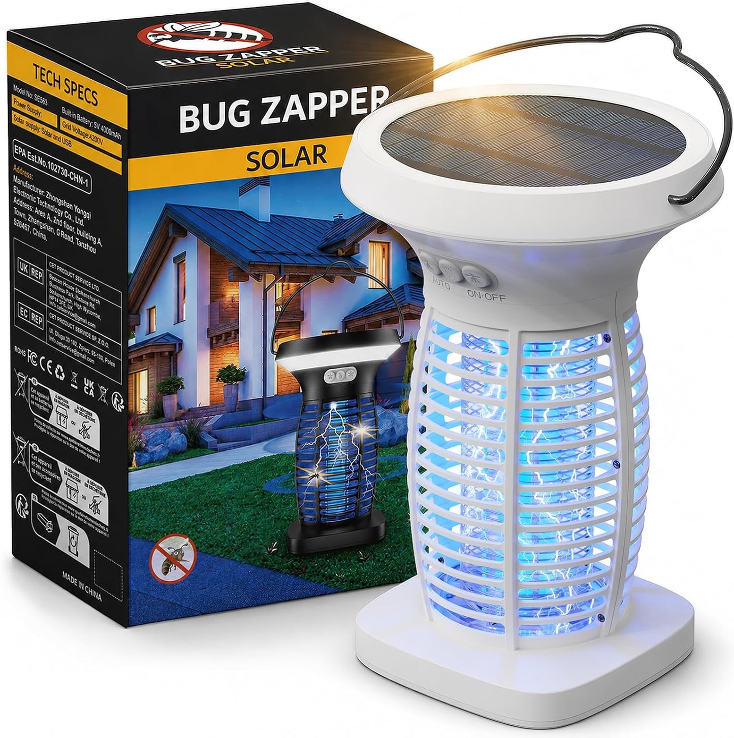 OnBeam Solar Bug Zapper Outdoor, 4200V Electric Mosquito Killer for Patio | Solar & USB-C Charging, IPX5 Waterproof, Auto Mode, SOS Light, Indoor Fly Trap for Home, Backyard, Garden, Camping