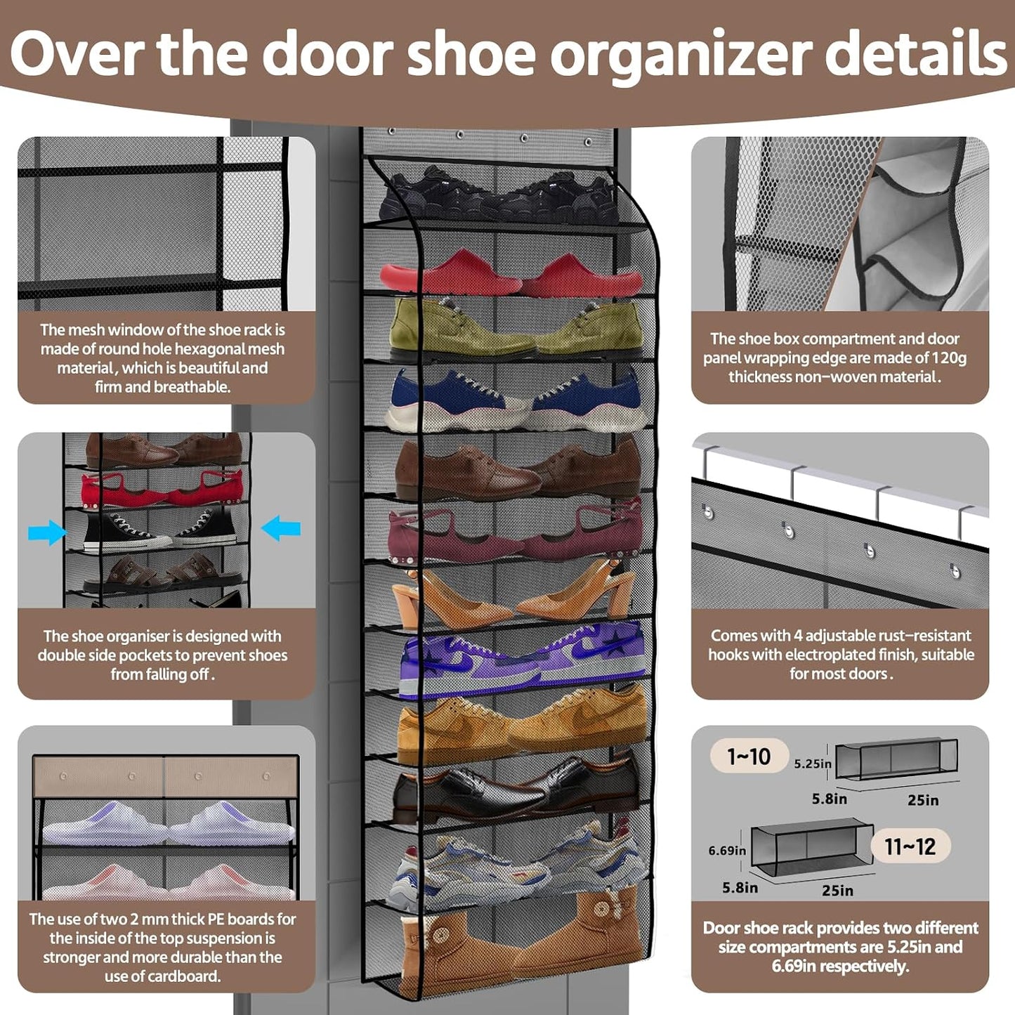 PAULONE 12 Pocket Over the Door Shoe Organizer,Reusable Breathable Large Mesh Bag Men's & Women's Sneaker Organizer,Shoe Organizer for Kids,Hanging Shoe Storage Hanging Bag (White)