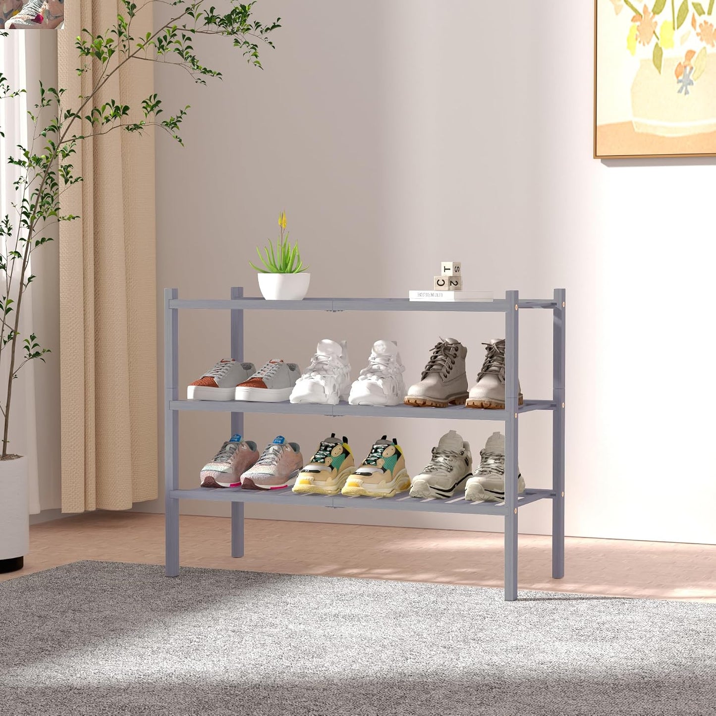 ROMGUAR CRAFT 3 Tier Bamboo Shoe Rack for Closet Free Standing Wood Shoe Shelf Storage Organizer for Entryway Small Space Stackable 27"x11"x20" (Natural)