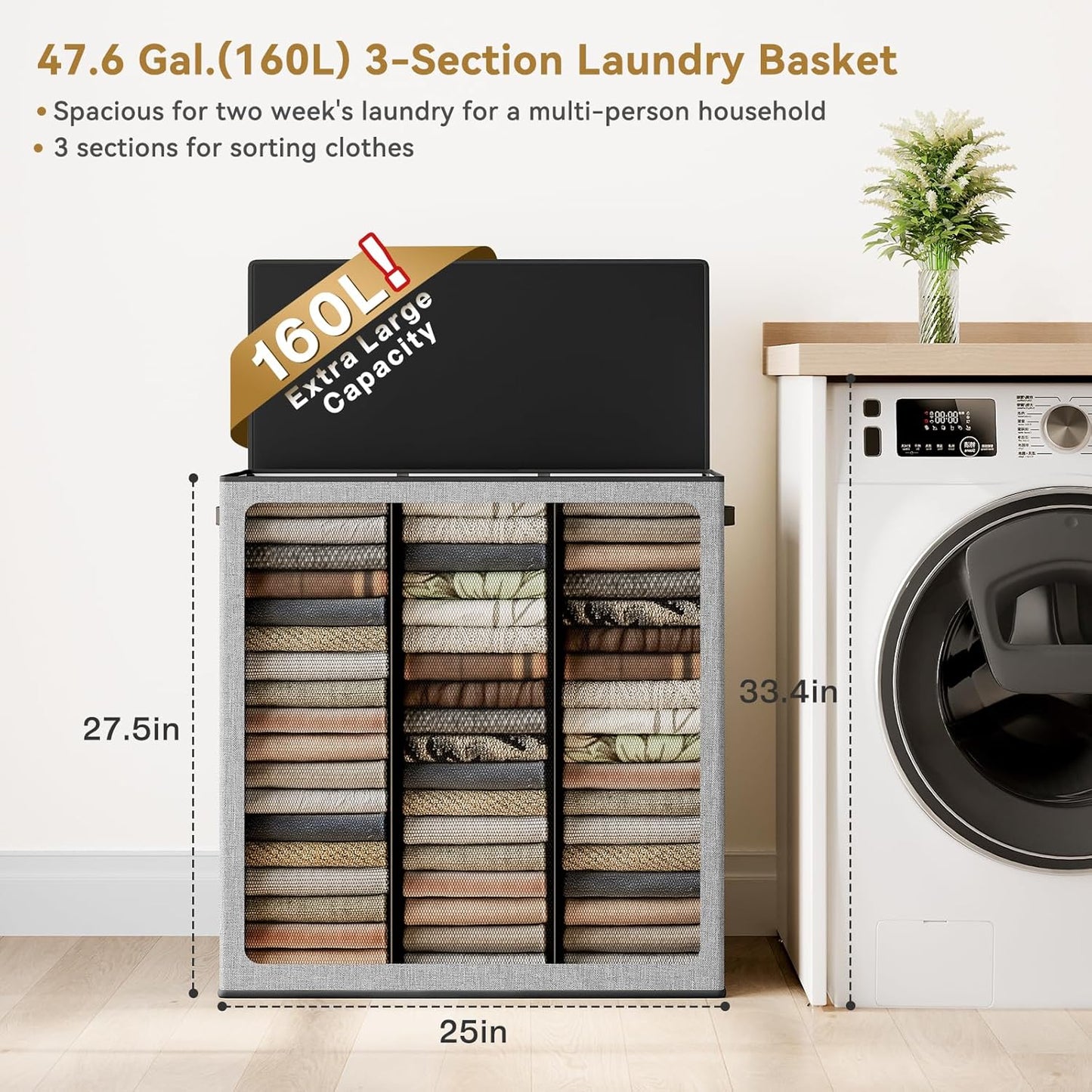 SOLEDI 180L Laundry Hamper 3 Section, Extra Large Laundry Hamper with Lid, Dirty Clothes Hamper with Sturdy Handle, Large Laundry Basket Organizer for Laundry Room, Bedroom, Hampers for Laundry