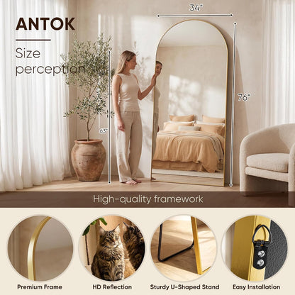 Antok 58" x19” Arched Full Length Floor Mirror, Gold Aluminum Frame, Free Standing/Wall Mount/Leaning for Bedroom, Living Room, Dressing Room