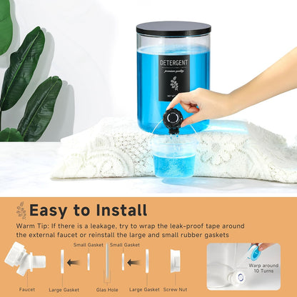 Glass Laundry Detergent Dispenser with Shelf & Bamboo Lid - 120 Oz Liquid Detergent, Laundry Soap & Fabric Softener Dispenser for Laundry Room Organization and Storage with 2 Cups & 8 Labels