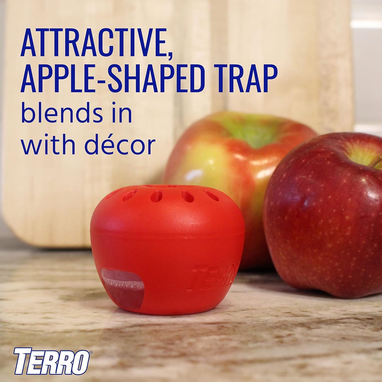 TERRO Fruit Fly Trap 4-Pack, 180 Day Lure Supply, Food-Based Lure | Apple-Shaped Design for Kitchen Counters, Fruit Bowls, Trash Cans, Food-Based Lure, Indoor Pest Control, Fruit Fly Killer