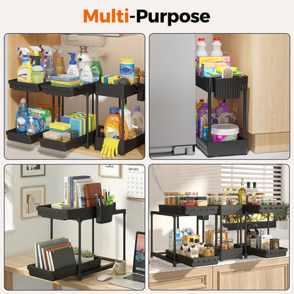 Sevenblue 3-Pack 2-Tier Under Sink Organizers with Sliding Drawers | Multi-use kitchen & bathroom storage, 12.8 inch black cabinet organizer, space-saving sliding drawer design.