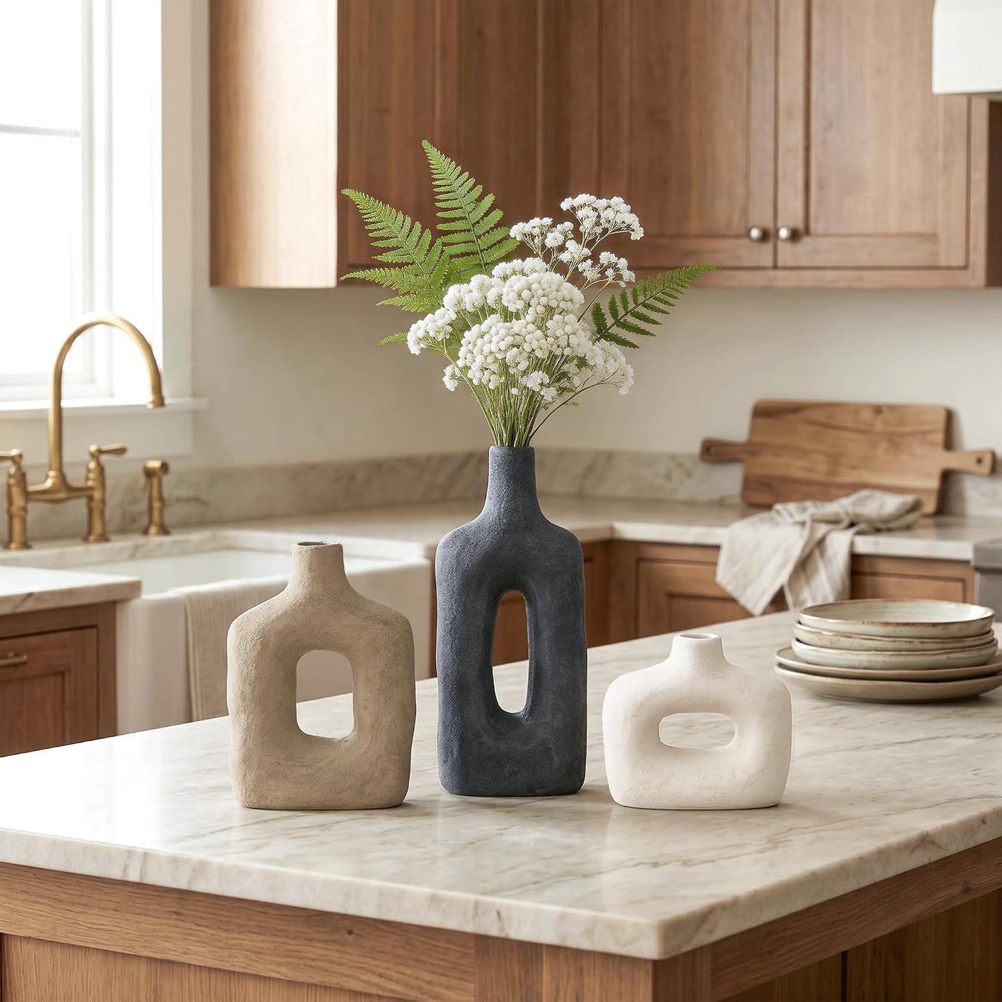 DREAMLOOM Ceramic Vase Set of 3, Modern Rustic Flower Vases for Pampas Grass, Dried & Fresh Flowers, Farmhouse Home Decor Vase for Living Room Bedroom Kitchen Shelf Centerpiece, Classic