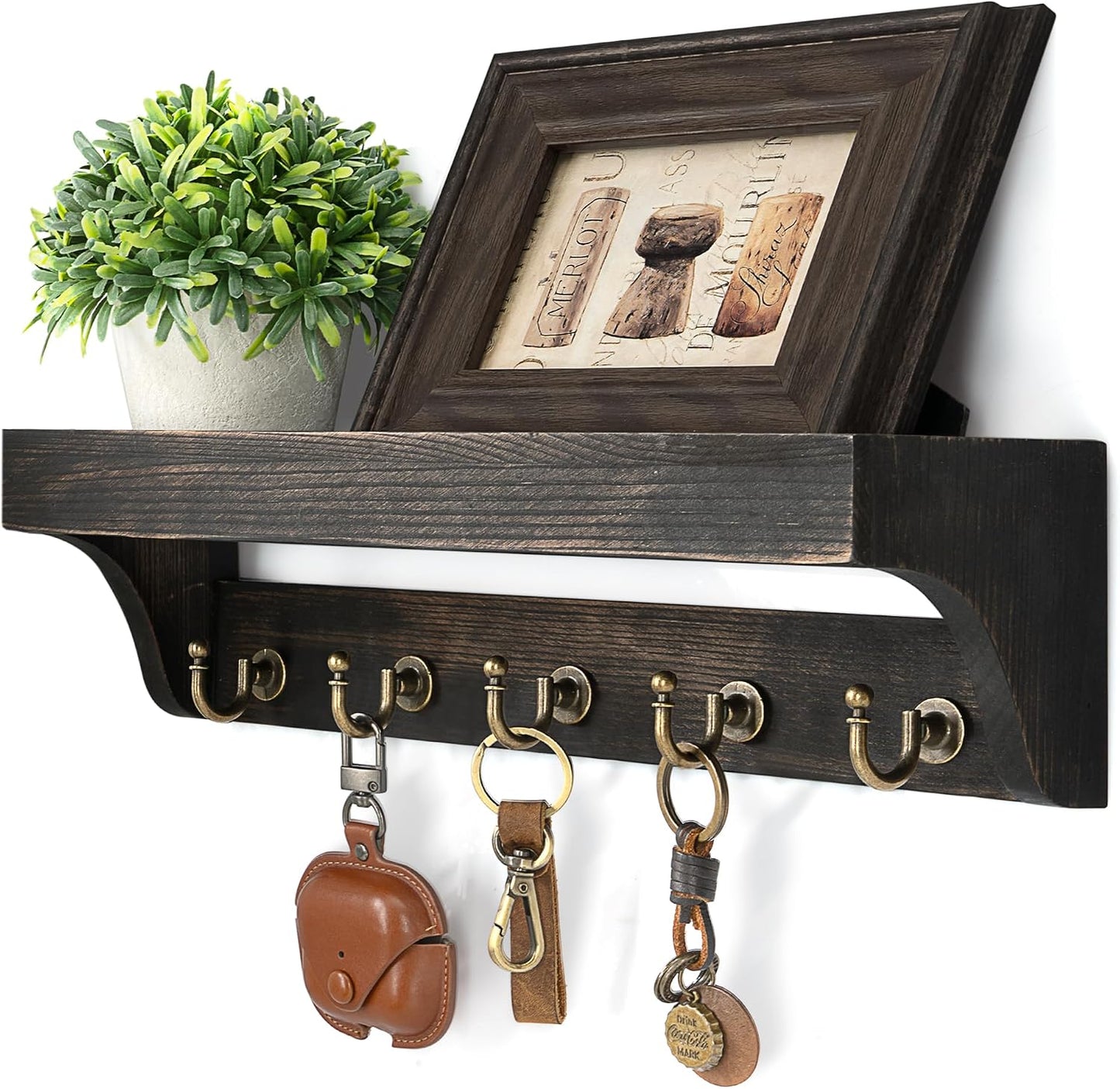 Rebee Vision Farmhouse Key Holder for Wall - Decorative Wooden Mail Organizer with 5 Rustic Key Hooks and Floating Shelf for Home Decor, Hallway, Entryway, Appartment (Retro Brown)