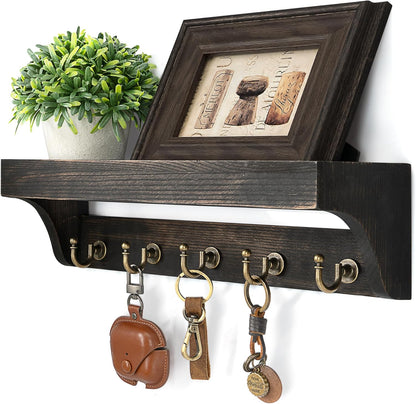 Rebee Vision Farmhouse Key Holder for Wall - Decorative Wooden Mail Organizer with 5 Rustic Key Hooks and Floating Shelf for Home Decor, Hallway, Entryway, Appartment (Retro Brown)