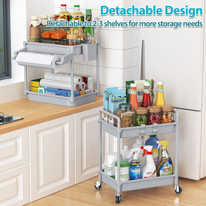 SPACEKEEPER Rolling Storage Cart, 4-Tier Bathroom Organizer Utility Cart Laundry Room Organization Mobile Shelving Unit with Towel Rack, Lockable Wheel, Hooks & Cup for Kitchen Bedroom Office, White