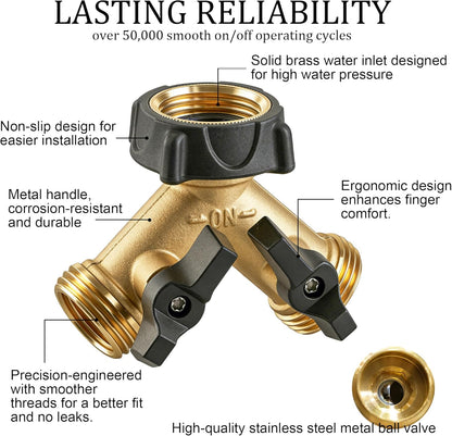 Hourleey Brass Garden Hose Splitter 2 Way, 3/4 Inch Hose Connector Tap Splitter, Hose Y Splitter, Hose Spigot Adapter 2 Valves with Extra Rubber Washers
