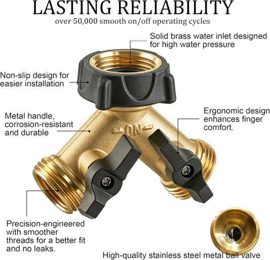 Hourleey Brass Garden Hose Splitter 2 Way, 3/4 Inch Hose Connector Tap Splitter, Hose Y Splitter, Hose Spigot Adapter 2 Valves with Extra Rubber Washers