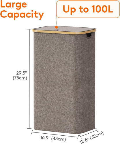 Lifewit 120L Laundry Basket with Lid, Clothes Hampers for Laundry with Bamboo Handles and 2 Removable Bag, Large Foldable Laundry Hamper for Bedroom, Bathroom, Dorm, Laundry Room, Beige