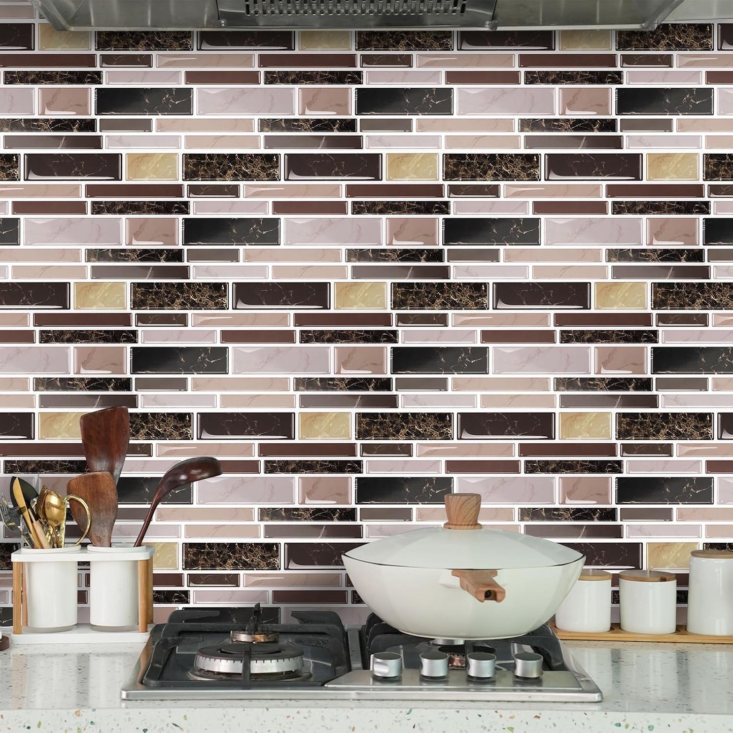 24 Sheet Peel and Stick Tile Backsplash Sticks for Kitchen 10"x 5" Back Splashes Self Adhesive Waterproof Tile Wall Paper for Bathroom Kitchen Backsplash, RV, Fireplace, Black/White Marble Look