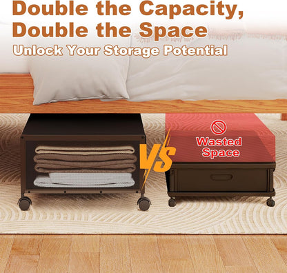 2 Pack Under the Bed Storage Containers,10 inch Height Under Bed Shoe Storage,31inch Long Underbed Storage with Wheels,Large Rolling under bed Clothes Storage Drawers with Lid for Dorm Tall ,Black