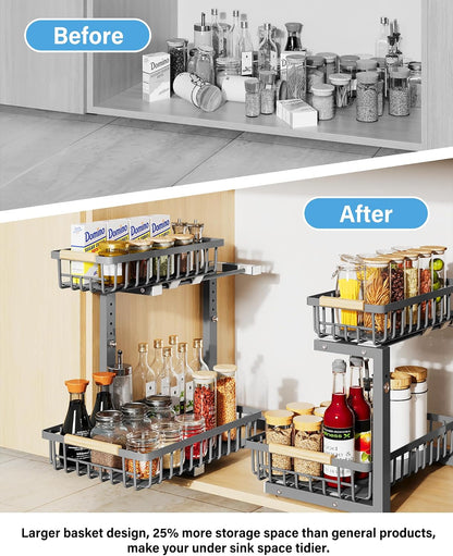 Under Sink Organizer Storage for Families: Pull Out Storage Undersink Organizers Drawer Cabinet - Sliding 2 Tier Rack Metal Organization Under Counter Kitchen Bathroom for Homemakers(White,1 Pack)