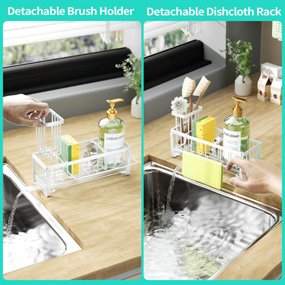 HapiRm Sponge Holder for Kitchen Sink - Self-draining Sink Caddy with Brush and Dishcloth Holders, Stainless Steel Kitchen Countertop Organizers and Storage Essentials - Black