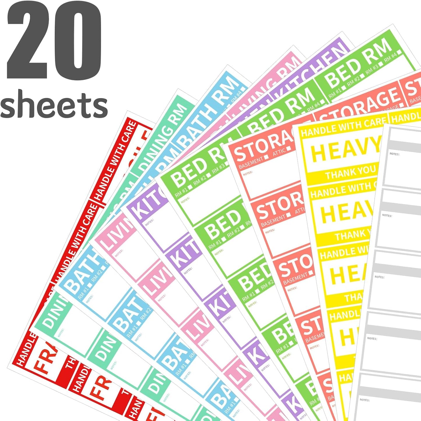 Ououstate 300 Count 2” x 3’’ Removable Home Moving Box Packing Labels for 1/2/3/4 Bedroom Rooms, 9 Designs Waterproof Color-Coded Moving Stickers Including Fragile 、Heavy and Blank Labels