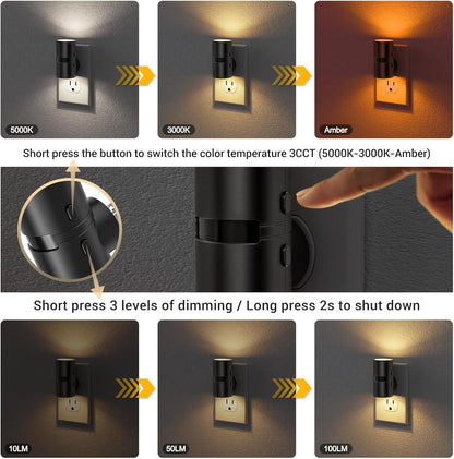JandCase Motion Night Light, Rotating Night Lights Plug into Wall, 3 Colors 3000K-5000K-Amber, Dusk to Dawn & Motion Sensor, 3 Level Brightness Nightlight for Bathroom Bedroom Hallway [2 Pack]
