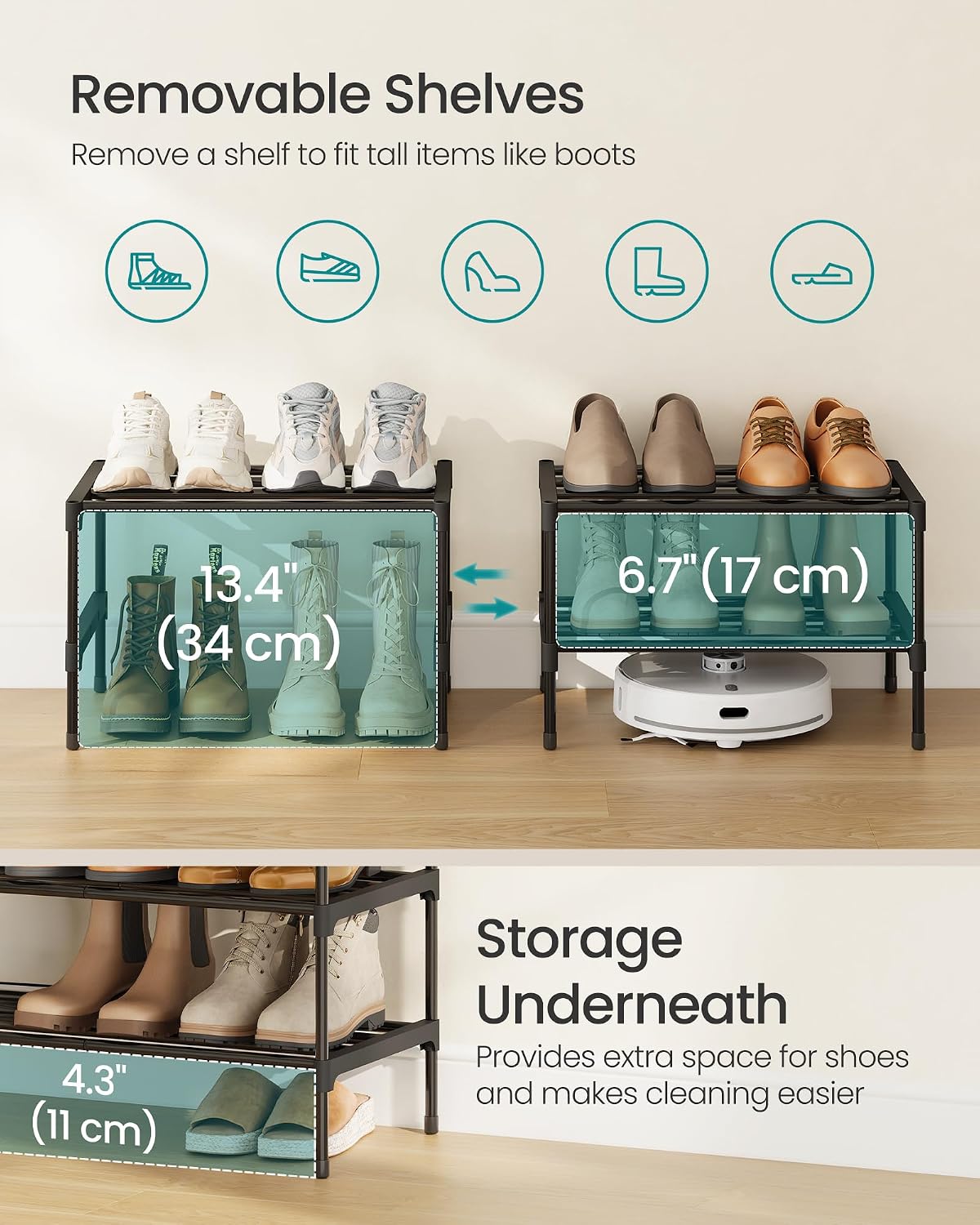 SONGMICS 2-Tier Shoe Rack for Closet, Compact Metal Shoe Organizer Shelf for Entryway, Bedroom, Small Spaces, Stackable, 11.8 x 24.5 x 12.2 Inches, Black ULSA122BH01