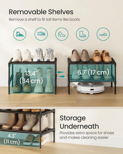 SONGMICS 2-Tier Shoe Rack for Closet, Compact Metal Shoe Organizer Shelf for Entryway, Bedroom, Small Spaces, Stackable, 11.8 x 24.5 x 12.2 Inches, Black ULSA122BH01