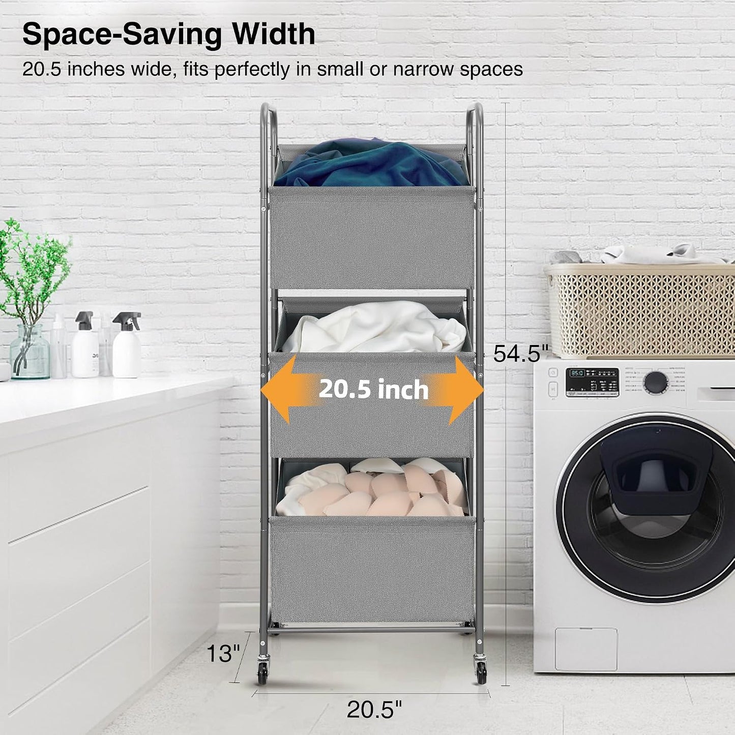 STO STO 3-Tier Vertical Laundry Hamper with Wheels, 120L Rolling Laundry Sorter with 3 Removable Breathable Mesh Bags, Rust-Resistant Steel Frame for Small Spaces, Apartment, Dorm, Black Mesh