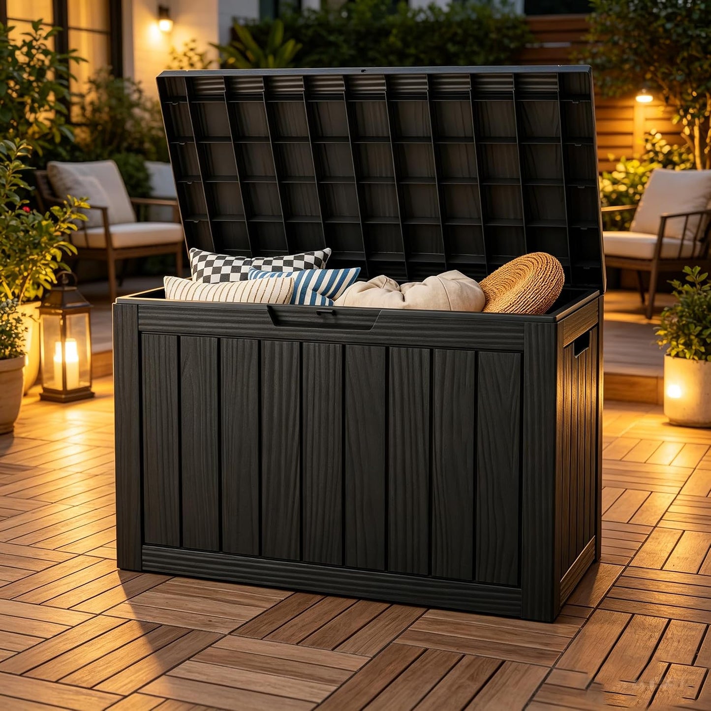 Outdoor Storage Box, Resin Deck Boxes Indoor and outdoor, Waterproof Storage Box Lockable Lid (Black, 85 Gallon)