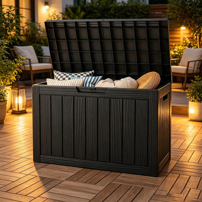 Outdoor Storage Box, Resin Deck Boxes Indoor and outdoor, Waterproof Storage Box Lockable Lid (Black, 85 Gallon)